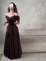 ⁦فستان سهرة بني أوف شولدر فساتين درابية فخمة⁩ - الصورة ⁦2⁩