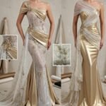 قطعة قماش سهرة أوف وايت مطرز ذهبي وكريستال