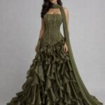 فستان سهرة زيتوني ملكي بكورسيه | فساتين طبقات فخمة