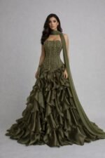 فستان سهرة زيتوني ملكي بكورسيه | فساتين طبقات فخمة