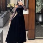 فستان مخمل كوري +دانتيل