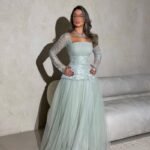فستان سهرة أخضر ناعم بتصميم تول واسع وكورسيه مطرز