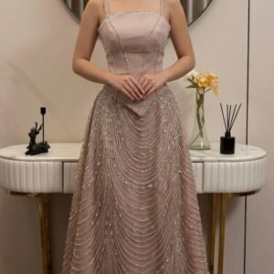 فستان سهرة نيود فاخر خرز وباربي