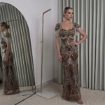 فستان سهرة بيج مطرز بالكريستال | فساتين مناسبات فخمة