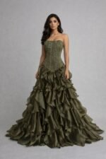 ⁦فستان سهرة زيتوني ملكي بكورسيه | فساتين طبقات فخمة⁩ - الصورة ⁦3⁩