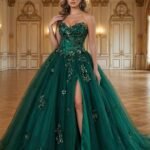 بانوه تطريز أخضر فاخر ثلاثي الأبعاد – قماش شفاف للسهرات