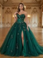 بانوه تطريز أخضر فاخر ثلاثي الأبعاد – قماش شفاف للسهرات