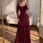 فستان سهرة خمري فاخر مطرز