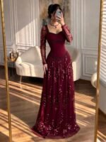 فستان سهرة خمري فاخر مطرز