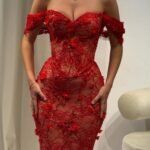 فستان سهرة أحمر فاخر بدانتيل ثلاثي الأبعاد وذيل طويل