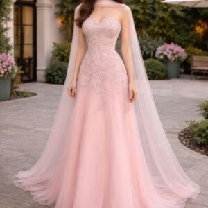 فستان سهرة ناعم بتطريز فاخر وقصة