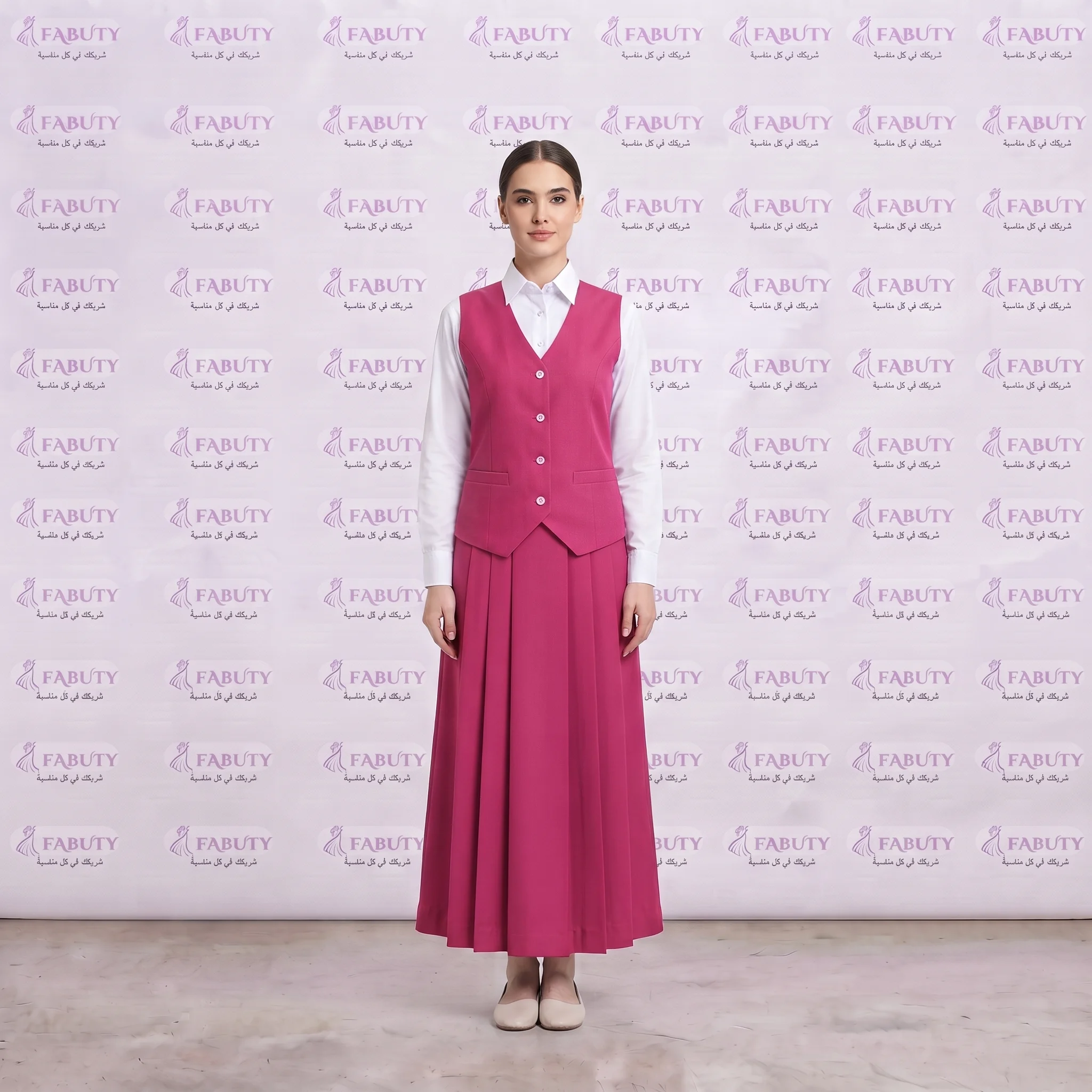 Model_wearing_school_work_apron_202607301653.jpeg_2K_202607301658 مريول مدرسي خليجي 3ق وردي ابتدائي - الصورة 1